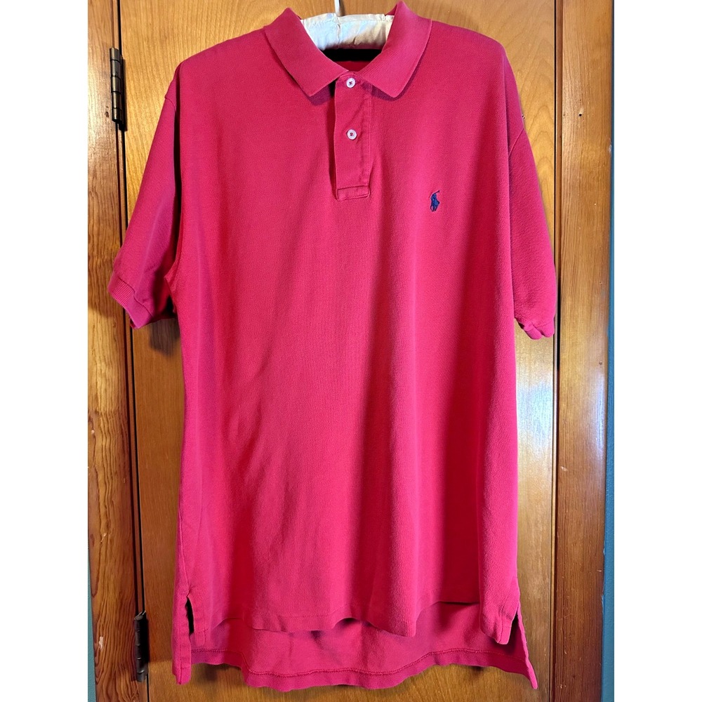 Ralph Lauren Red Polo Shirt With Blue Logo Men's‎ Size L Classic Fit Preppy
